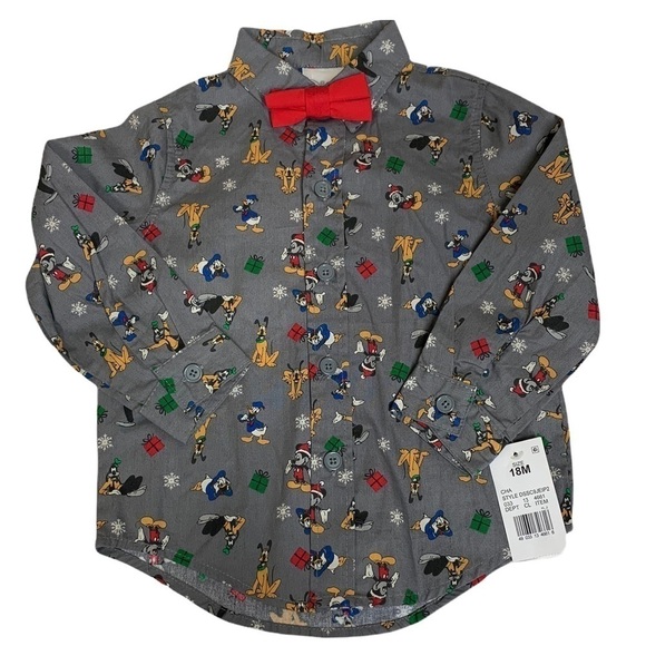 Disney holiday button up long sleeve shirt with red bow tie 18m - Picture 4 of 6